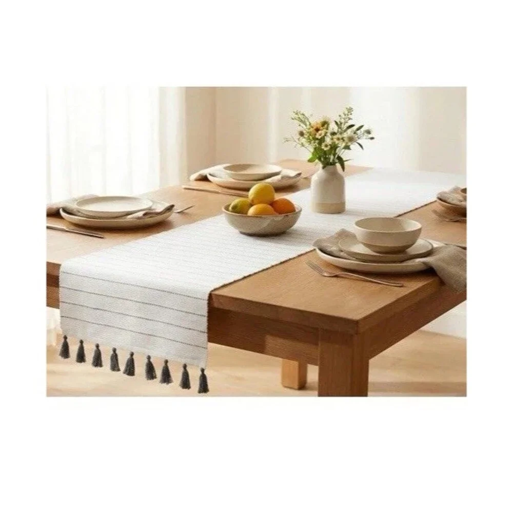 PurpleEssences Cotton Table Runner 14x72 White Gray Stripe Tassels Farmhouse NEW